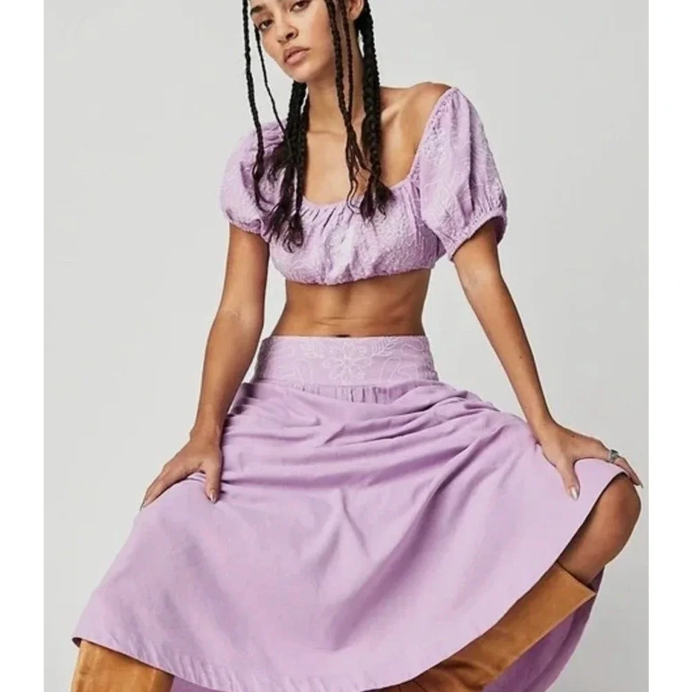 NEW FREE PEOPLE ORCHID PURPLE WHITE LOTUS MIDI SKIRT CROP TOP SET SZ M